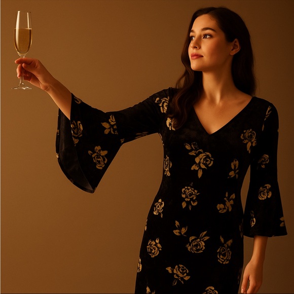 NY Collection Petite Crushed Velvet Floral BellSleeve Dress BlackGold Sze PM NWT - Picture 1 of 10